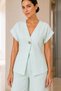 Women's Single Button Tie-Waist Linen-Look Wide-Leg Pants Two-Piece Set - Aqua Green - 4