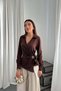 Women's Brown Satin Blouse Shirt Lapel Collar Double Breasted Button Detail Long Sleeve