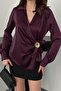 Women's Plum Satin Blouse Shirt with Collar, Double-Breasted Button Detail, Long Sleeves - 4
