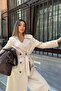 Women's Beige Trench Coat Long Double-Breasted Belted Jacket with Double Button Pockets and Collar - 5