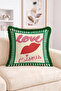Love Bisous Written Lip Figure Striped Frame Design Fringed Throw Pillow Cover - Retro Decorative - 2