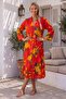 Narçiçeği V-Neck 3/4 Sleeve Hidden Pocket Pleated Floral Printed Casual Viscose Woven Dress 110 58 - 3