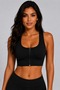 Black Padded Zippered Sports Bustier Gathering Crop Supportive Sports Bra