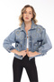Women's Designer Denim Jacket with Stone Embellishments, Blue Oversize Fit Jeans Coat - 3