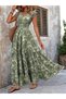 Women's Green Patterned V-Neck Short Sleeve Waist Belted Slit Bohemian Summer Maxi Long Dress - 4
