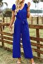 Women's v-neck aerobin jumpsuit with shoulder straps and belted waist - 2