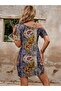 Women's Short Sleeve Patterned Short Single Jersey Dress with Straps on the Shoulders - 2