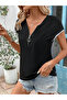 Women's Short Sleeve Front Zipper Sleeve Tip Glittering Viscose Blouse - 2