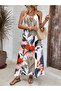 Women's Patterned Single Jersey Dress with Wide V-Neck and Rope Strap - 5