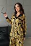 Women's Yellow Shirt and Trousers Set with Shawl Patterned Wide Leg Long Sleeves - 3