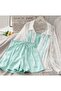 Daisy Embroidered Tulle Shirt and Strap Blouse Shorts Three-Piece Combination Set - 2