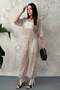 Women's Beige Top and Bottom Set Sequined Double Set Crew Neck Three Quarter Sleeves Lace-Up Hem - 2