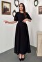 Women's Black Gathered Linen Blend Balloon Sleeve Tie Back Maxi Dress - 2