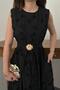 Women's Black 3D Embroidered Floral Belted Sleeveless Midi A-Line Dress - 4