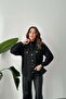 Women's Black Suede Shirt with Stand Collar, Snap Buttons, Double Pockets, Long Sleeves, Regular Length - 2
