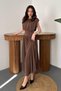 Women's Brown Skirted Jumpsuit Dress Round Neck Gathered Waist Midi Flowy - 2