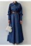 Women's Blue Denim Shirt Collar Buttoned Belt Detailed Long Sleeve Maxi Dress - 3