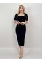 Women's White - White Pearl Detailed Balloon Sleeve Square Neck Midi Slim Fit Satin Dress - 2