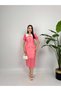 Women's Pink - Pink Polka Dot Midi Pencil Dress with Baby Collar and Lace Detail, Balloon Sleeves - 3