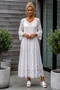 Italian White V-Neck Flounce Sleeve Lined Sequined Hem Ruffled Lace Long Dress 130 55 - 3