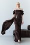 Brown Boat Neck Stone Embroidered Drapeli Long Evening Dress - 5
