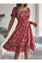 Red Floral Square Neck A-Line Knee Length Dress - 2