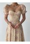 Women's Beige Floral Patterned Square Neck Balloon Sleeve Waist Fitted Ruffle Midi Dress - 4