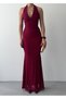 Women's Burgundy Lace Halter Neck V-Neck Strapless Look Long Event Dress - 2