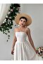 Women's Beige Midi Dress with Thin Straps, Square Neckline, Embroidered Pattern, Gathered Skirt - 7