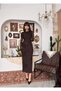 Women's Coffee Midi Dress Draped Waist Sequin Embroidered Long Tulle Sleeve Evening Dress