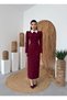 Women's Burgundy Pearl Detailed Contrast Collar Balloon Sleeve Midi Dress - 7