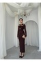 Women's Brown Midi Dress with Draped Brooch Detail, Long Sleeves, Fitted Fit - 8