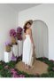Women's White Scallop Embroidered V-Neck Strap Midi Dress with Tie Detail - 5