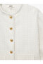 Crew Neck Long Sleeve Tweed Jacket with Pockets and Metal Buttons - 7