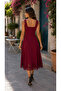 Timeless Elegance - Women's Square Neck Laser Cut Hem Detailed Waist Fitted Flared Midi Dress - 4