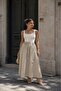Women's Ecru Square Collar Strappy Belted Gathered Plaid Patterned Maxi Dress