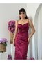 Women's Burgundy Midi Dress with Straps, Degaje Collar, Floral Appliqué, Satin - 3
