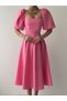 Women's Pink Midi Dress Square Neck Balloon Sleeves Pleated A-Line Woven - 2