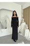 Women's Black Boat Neck Draped Long Sleeve Dress with Slit Detail - 8