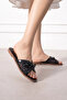Blando Black Tulle Embroidered Floral Patterned Women's Slippers with Bow - 4