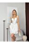 Women's White Heart Collar Strap Gathered Corset Look Layered Flounce Mini Dress