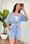 Women's Baby Blue Muslin Textured Pocketed Elastic Waist Lace-Up Short Shorts - 4