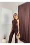 Women's Coffee Color Sleeveless Crew Neck Long Leg Jumpsuit with Gathered Waist Detail - 3