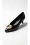 Favyen Women's Pointed Toe Thin Heel Gold Buckle Detailed Textured Mini Heeled Office Daily Casual Shoes - 8