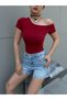 Boat Neck One Shoulder Open Cotton Fabric Short Sleeve Blouse Claret Red - 6