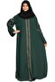 MODEST CITY Self Design Front Open Zip Embroidered Bottle Green Crepe Fabric Abaya or Burqa with Hij