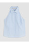 Blue Shirt Collar Halter Cut 100% Cotton Blouse - 7