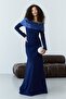 Navy Blue Madonna Collar Beaded Embroidered Long Sleeve Evening Dress - 4