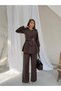 Women's Gold Buckle Bow Detailed Peplum Blouse and Wide-Leg Pants Set 3152 - Brown - 4