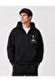 Men's Black Hooded Zip-Up Oversized Brushed Inside Printed Sweatshirt Winter School Cardigan